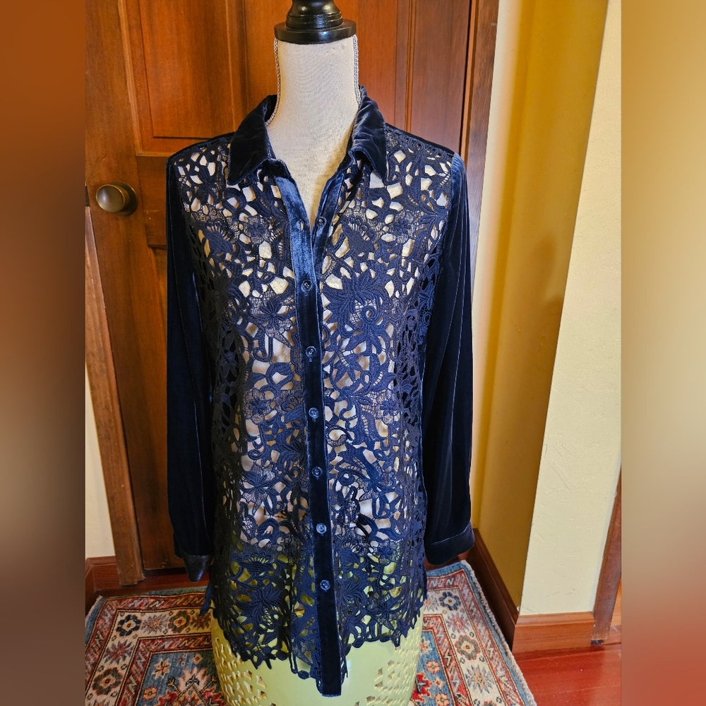 Johnny Was JADE Velvet Crocheted Lace Blouse